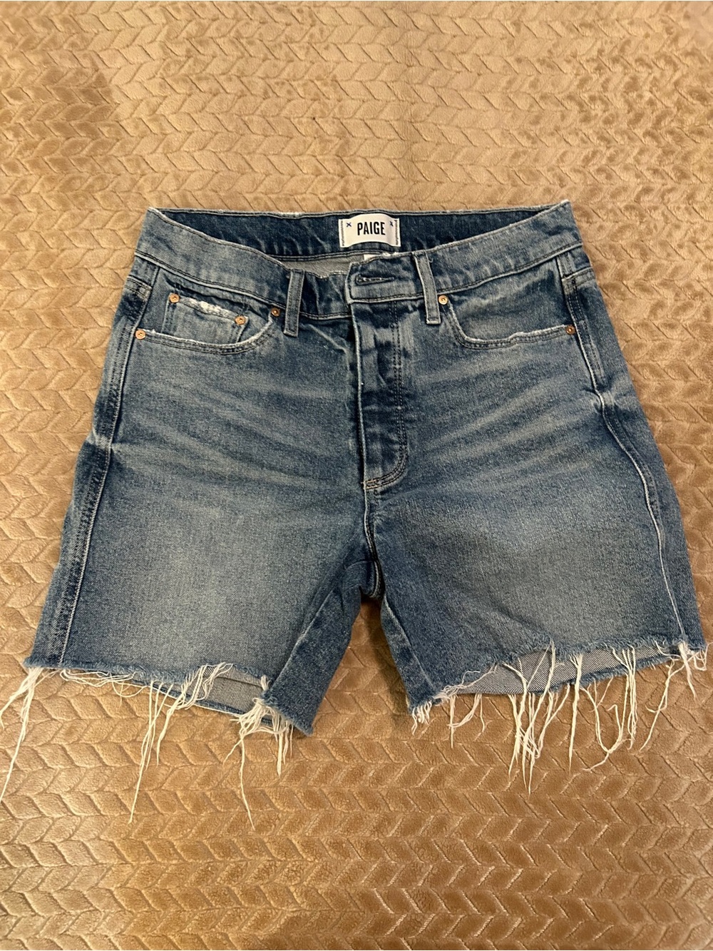 PAIGE Distressed Blue Denim Cutoff Shorts - Picture 1 of 5